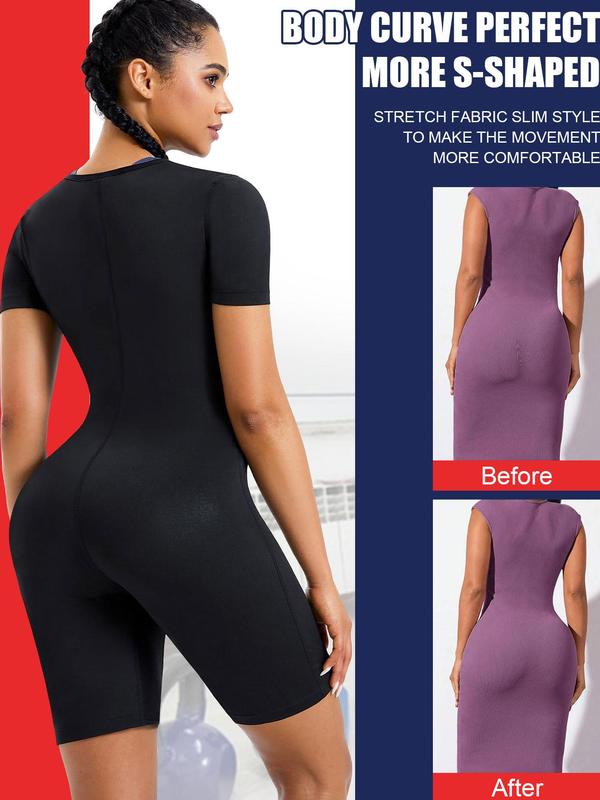 Women's Solid Zip Up Short Sleeve Open Bust Shapewear Bodysuit without Bra, High Stretch Seamless Sweat Sauna One Piece Shaper, Tummy Control Butt Lifter, Ladies Shapewear for Workout Gym Exercise, Shapewear for Women, Summer Wear 2024