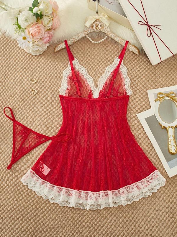 Women's Sheer Floral Lace Sexy Lingerie Two-piece Set, Romantic Adjustable Strap Bow Decor Scallop Trim Cami Nightdress & Thong Set, Ladies Underwear Set for All Seasons