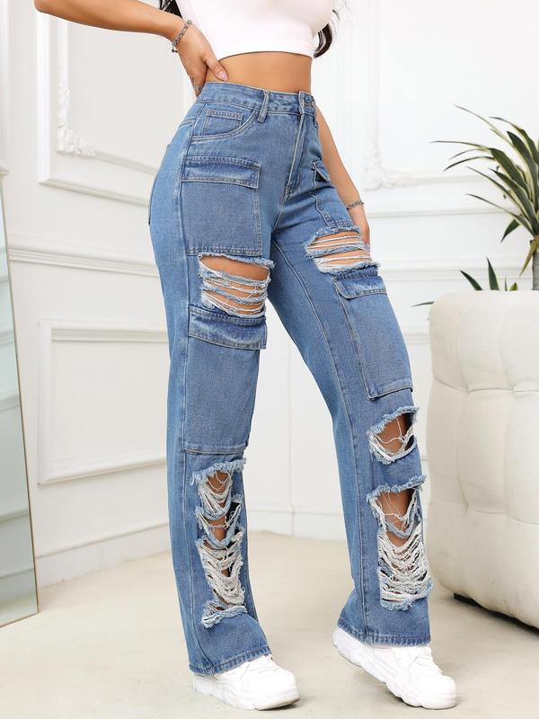 Women's Plain Ripped Straight Leg Vintage Jeans, Casual Street Flap Pocket Button Denim Trousers for Daily Wear, Jeans for Women, Ladies Bottoms for All Seasons, Pants for Women