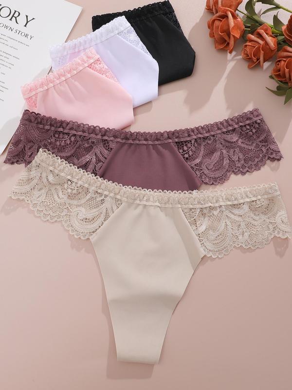 Women's Contrast Lace Thong, Soft Comfy Breathable Seamless Panty for Daily Wear, Ladies Underwear for All Seasons