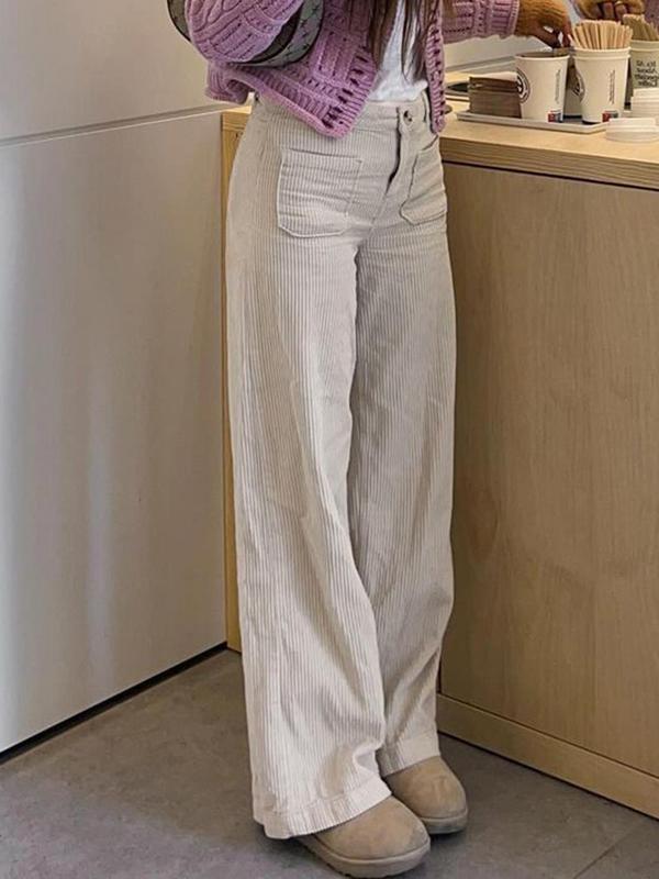 Women's Plain Pocket Button Fly Corduroy Pants, Casual Comfy Trousers for Daily Wear, Ladies Bottoms for All Seasons