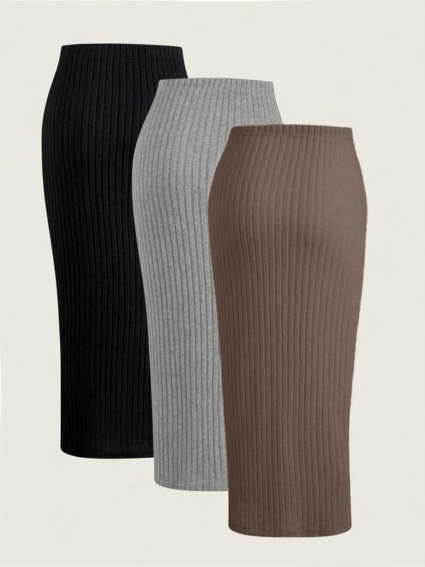  Solid Ribbed Bodycon Skirt, Elegant Fashion Casual Comfy Skirt for Daily Outdoor Wear, Women Clothing for All Seasons