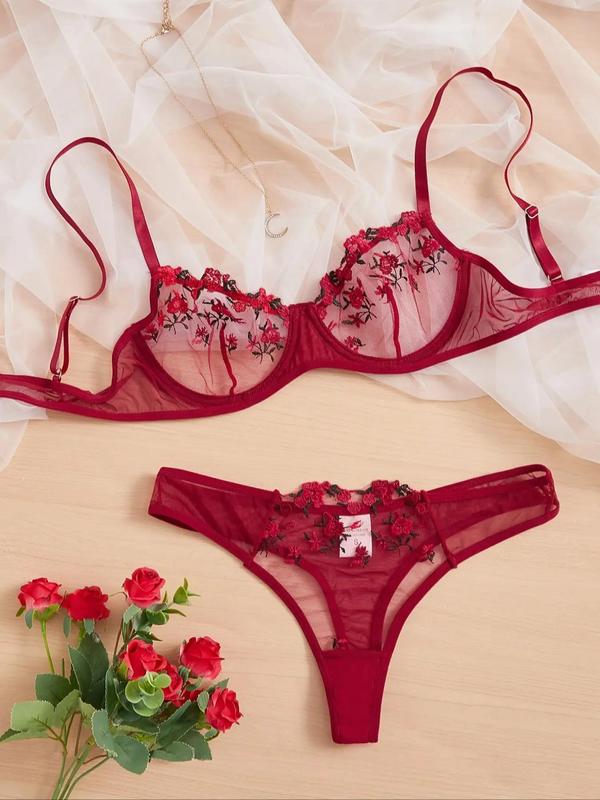 Women's Floral Embroidery Sheer Sexy Lingeries Set, Sexy Comfort Underwired Push Up Bra & Mesh Thongs, Summer Clothes 2024, Womenswear, Fallfreshness Two Piece Set Women, Fall Essentials