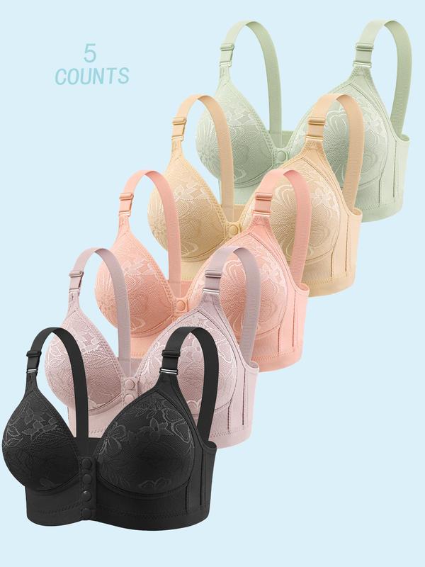 Women's Solid Color Buckle Front Push Up Bra, Breathable Comfortable Wireless Bra, Soft Lingerie for Daily Wear