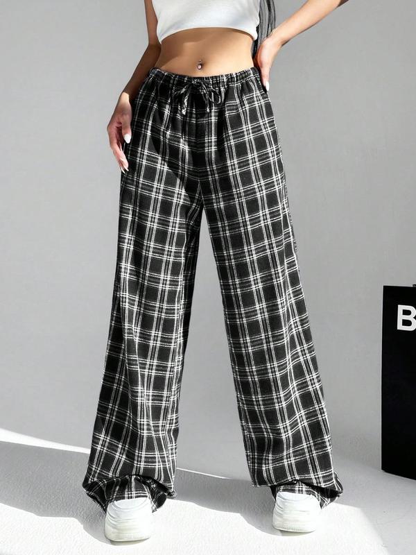 Women's Plaid Print Drawstring Waist Wide Leg Pants, Casual Comfy Pocket Trousers for Daily Wear, Ladies Bottoms for Fall & Winter