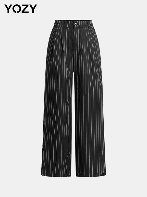 YOZY Women's Striped Print Button Fly Pocket Straight Leg Pants, Casual Comfy Trousers for Daily Wear, Ladies Bottoms for All Seasons