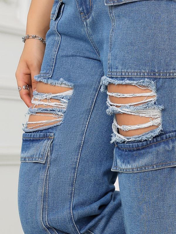 Women's Plain Ripped Straight Leg Vintage Jeans, Casual Street Flap Pocket Button Denim Trousers for Daily Wear, Jeans for Women, Ladies Bottoms for All Seasons, Pants for Women