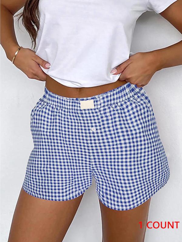 Women's Plaid Print Patched Button Shorts, Casual Striped Print Drop Waist Shorts for Fall, Ladies Bottoms for Daily Wear, Downtown Girl Clothes, Preppy 80s Clothes Womenswear