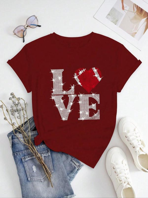 Women's Heart & Letter Print Round Neck Tee, Graphic Tees, Casual Short Sleeve Graphic T-shirt, T Shirts for Women, Ladies All Seasons Outfit for Daily Wear