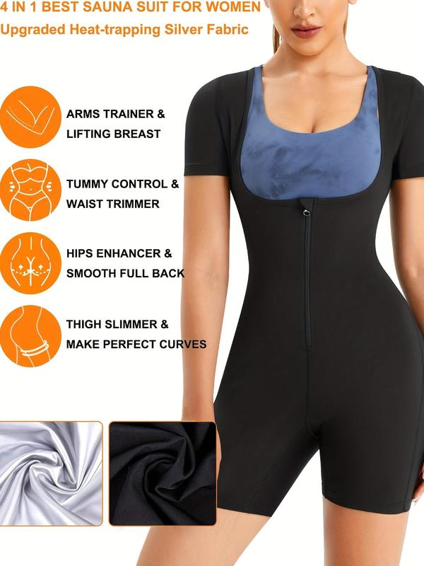 Women's Solid Zip Up Short Sleeve Open Bust Shapewear Bodysuit without Bra, High Stretch Seamless Sweat Sauna One Piece Shaper, Tummy Control Butt Lifter, Ladies Shapewear for Workout Gym Exercise, Shapewear for Women, Summer Wear 2024