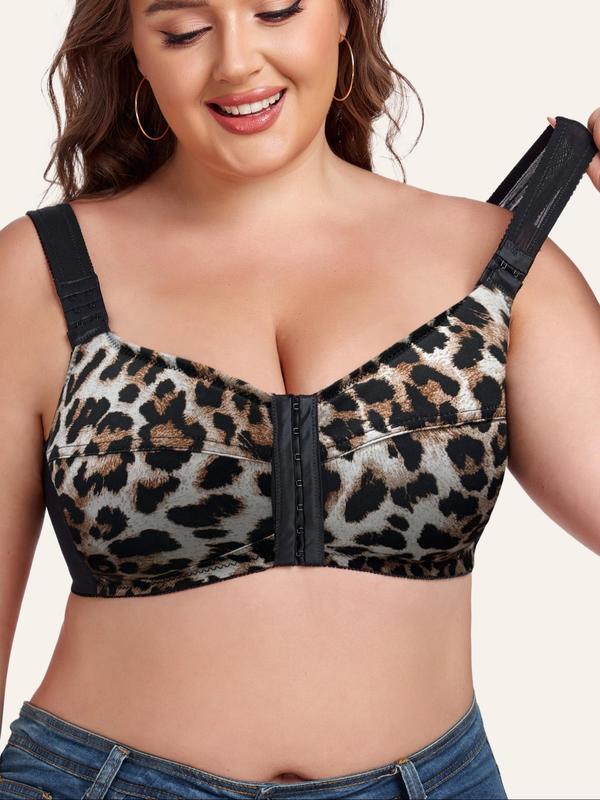  Women's Leopard Print Contrast Mesh Wireless Adjustable Front Closure Everyday Bra,  Bras for Women Casual Comfortable Adjustable Clasp Shoulder Straps Full Cup Balconette Bra, Women's Lingerie for All Seasons