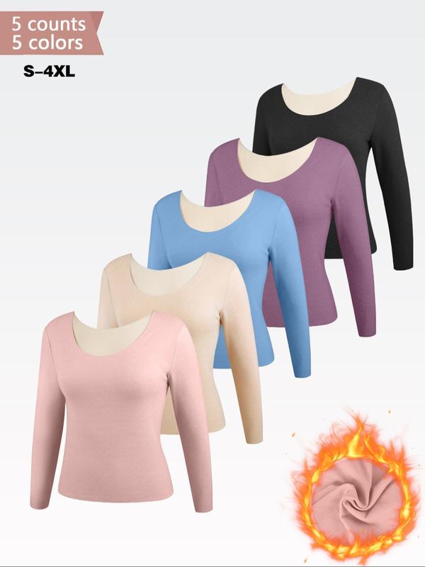 Women's Solid Long Sleeve Thermal Underwear Top, Casual Comfy Double Side Brushed Warm Top for Fall & Winter, Women's Underwear for Daily Wear