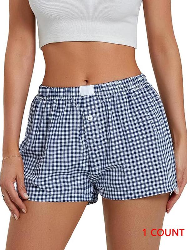 Women's Plaid Print Patched Button Shorts, Casual Striped Print Drop Waist Shorts for Fall, Ladies Bottoms for Daily Wear, Downtown Girl Clothes, Preppy 80s Clothes Womenswear