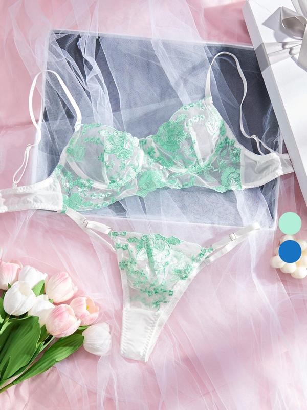 Women's Delicate Floral Embroidery Sheer Bra & Thong Set, Comfy Breathable Lingerie Set for Daily Wear, Women's Underwear Set for All Seasons