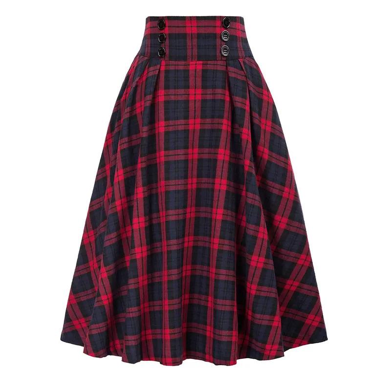 Vintage Red Black Plaid Print Skirts High Waist Pleated Skirt Preppy Style School Skirts Clothing Falda Women Casual Long Skirt