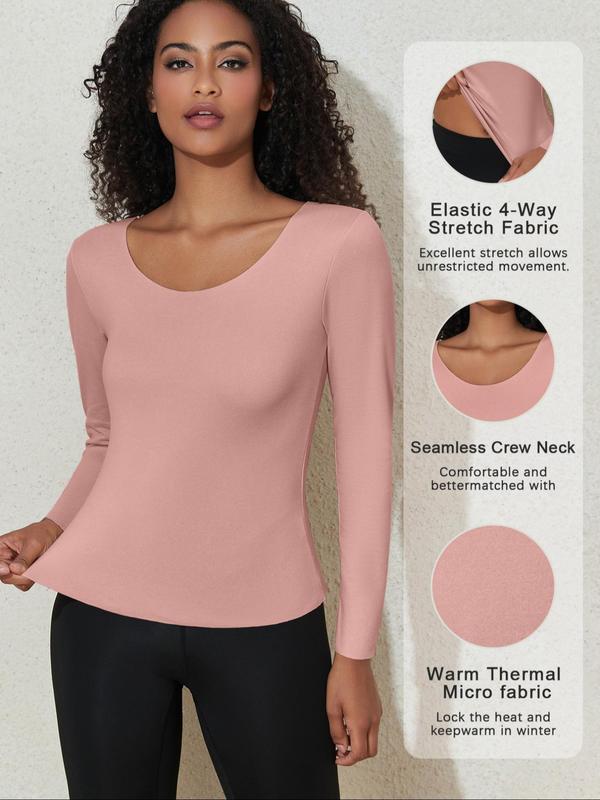 Women's Solid Long Sleeve Thermal Underwear Top, Casual Comfy Double Side Brushed Warm Top for Fall & Winter, Women's Underwear for Daily Wear