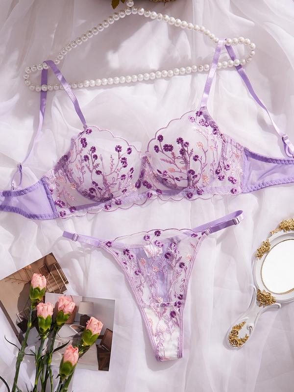 Women's Ditsy Floral Embroidery Sheer Tulle Sexy Lingerie Set, Scallop Trim Bra & Thong Set, Soft Comfy Breathable Lingerie Set for Women