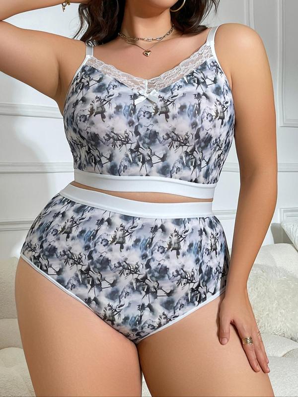  Two-Piece Set All Over Heart Graphic Print Contrast Lace Bra & Panty Set, Bow Front Wireless Bra & High Waist Panty Underwear Set, Lingerie Set for Women