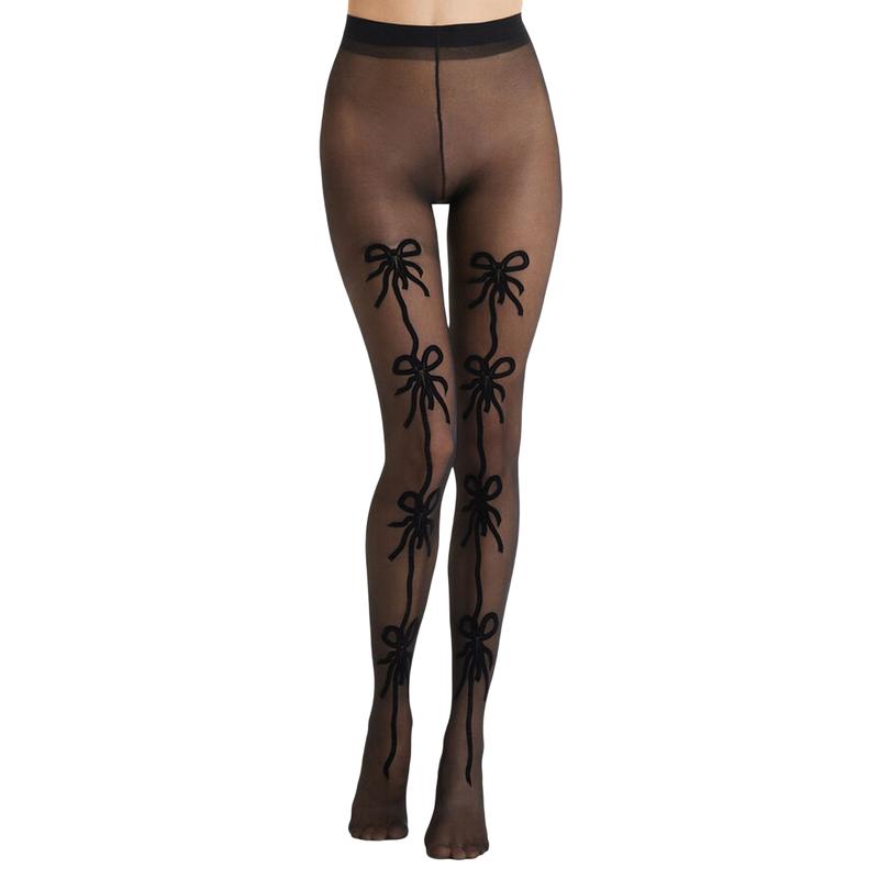 Women's Sheer Mesh Tights y2k High Waist See-Through Pantyhose Bow Print Stockings Party Clubwear