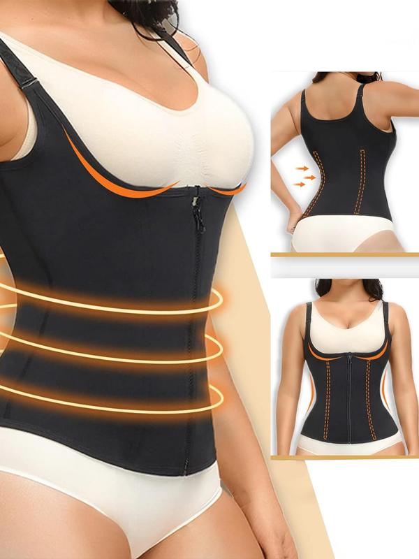 Women's Contrast Binding Zipper Hook Eye Design Waist Trainer, Adjustable Strap Waist Cincher, Body Shapewear, Tummy Control Shaper for Women