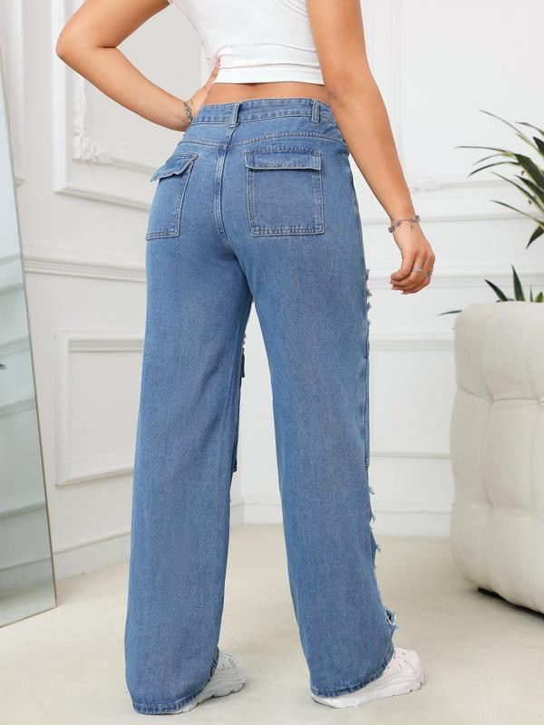 Women's Plain Ripped Straight Leg Vintage Jeans, Casual Street Flap Pocket Button Denim Trousers for Daily Wear, Jeans for Women, Ladies Bottoms for All Seasons, Pants for Women