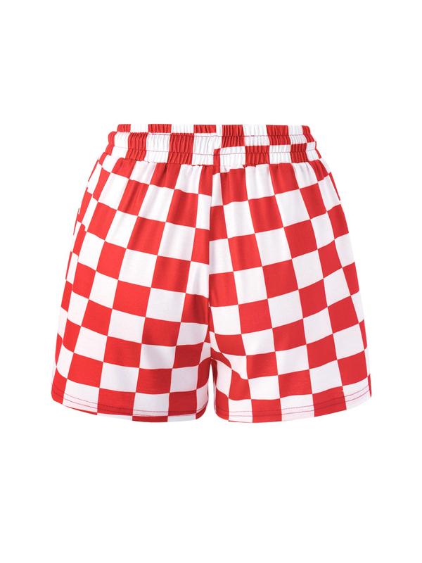 Women's Checkerboard Print Drawstring Waist Shorts, Lady Casual Comfort Pocket Shorts for Summer, Shorts for Women, Back To School Comfy Shorts, Women's Bottoms for Daily Wear, Womenswear