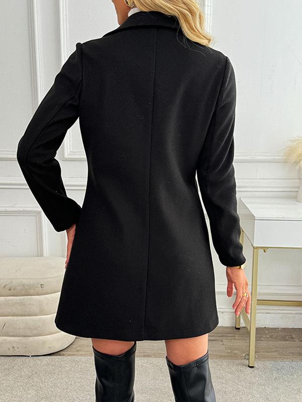 Women's Solid Double Button Pocket Lapel Pea Coat, Casual Long Sleeve Outerwear for Fall & Winter, Women's Clothing for Daily Wear