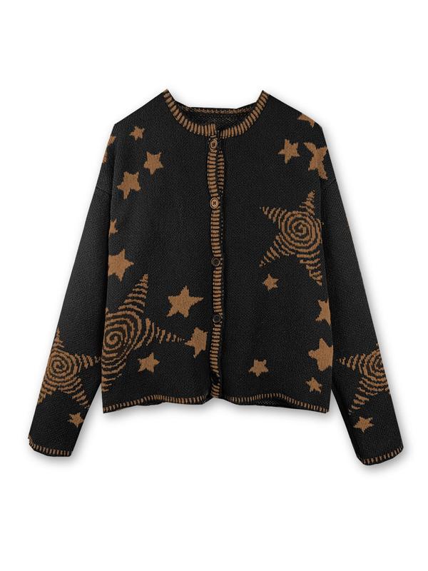 Women's Star Print Button Front Drop Shoulder Cardigan, Casual Long Sleeve Round Neck Knitwear for Fall & Winter, Fashion Ladies' Knit Clothing for Daily Wear