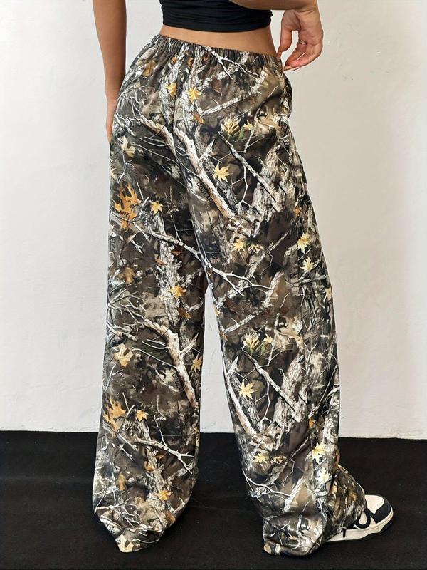 Women's Camo Print Drawstring Waist Wide Leg Pants, Casual Pocket Trousers for Fall & Winter, Women's Bottoms for Daily Wear