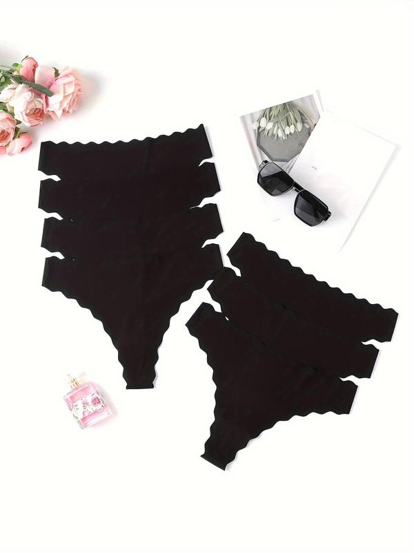 Women's 7pcs Solid Scallop Trim Thong, Soft Comfy Breathable Panty for Daily Wear, Underwear for All Seasons