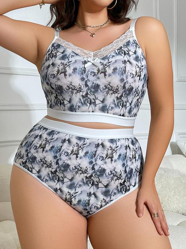  Two-Piece Set All Over Heart Graphic Print Contrast Lace Bra & Panty Set, Bow Front Wireless Bra & High Waist Panty Underwear Set, Lingerie Set for Women