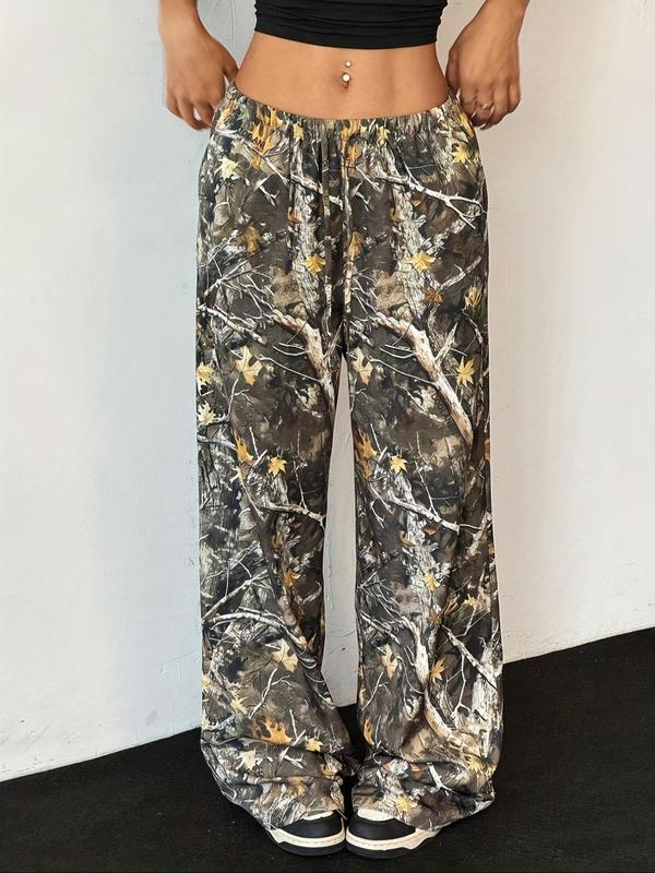 Women's Camo Print Drawstring Waist Wide Leg Pants, Casual Pocket Trousers for Fall & Winter, Women's Bottoms for Daily Wear