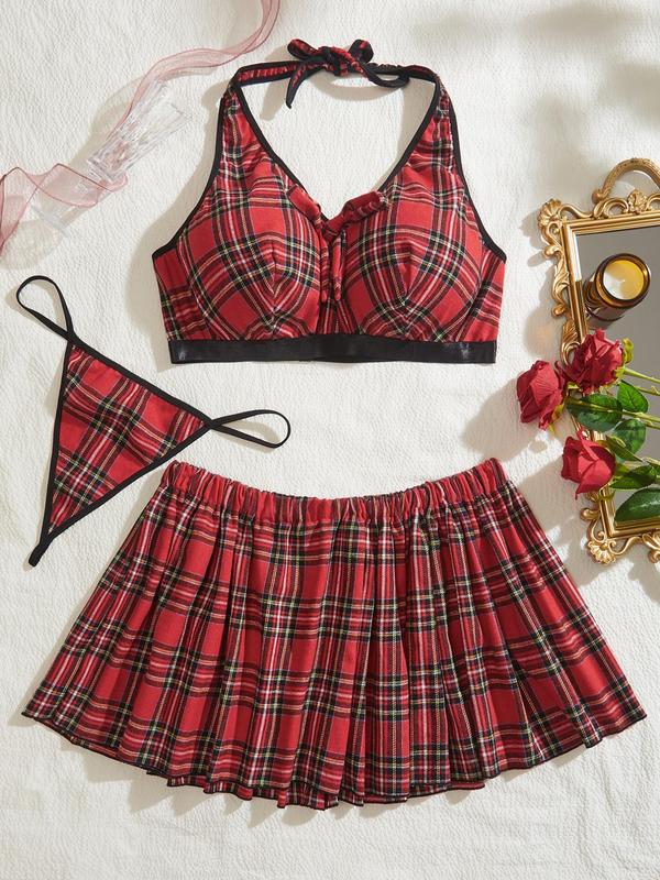 Three-Piece Set Plaid Print Bow Decor Halter Bra & Thong & A Line Skirt Set, Plus Size Lingerie Set, Women's Plus Lingerie & Underwear Set