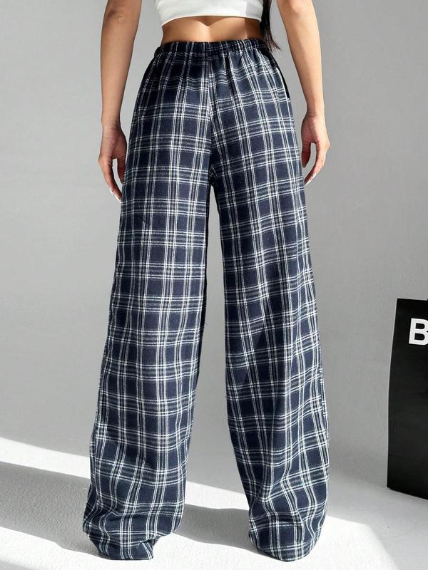 Women's Plaid Print Drawstring Waist Wide Leg Pants, Casual Comfy Pocket Trousers for Daily Wear, Ladies Bottoms for Fall & Winter