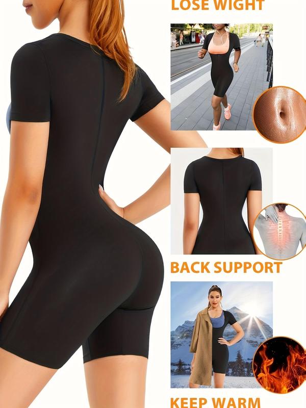 Women's Solid Zip Up Short Sleeve Open Bust Shapewear Bodysuit without Bra, High Stretch Seamless Sweat Sauna One Piece Shaper, Tummy Control Butt Lifter, Ladies Shapewear for Workout Gym Exercise, Shapewear for Women, Summer Wear 2024