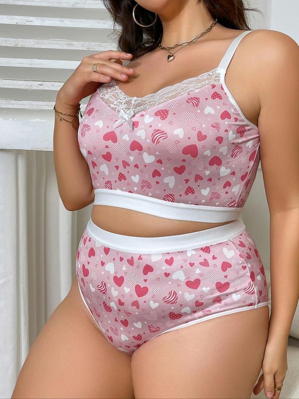  Two-Piece Set All Over Heart Graphic Print Contrast Lace Bra & Panty Set, Bow Front Wireless Bra & High Waist Panty Underwear Set, Lingerie Set for Women