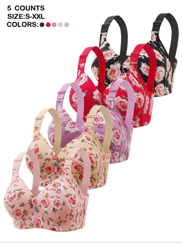 Women's Floral Print Push Up Bra, Adjustable Strap Rhinestone Decor Backless Bra, Soft Comfortable Breathable Lingerie for All Seasons