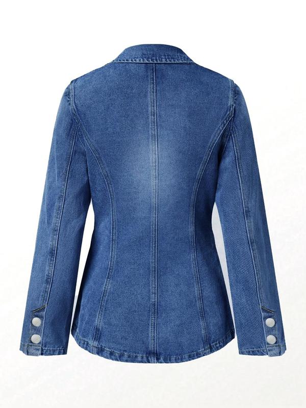 Women's Plain Pocket Button Denim Jacket, Casual Long Sleeve Lapel Neckline Outerwear for Spring & Fall, Ladies Clothes for Daily Wear Tops