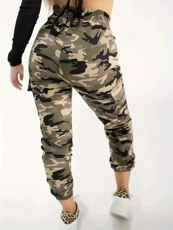 Women's Camo Print Drawstring Waist Cargo Pants, Casual Street Elastic Waist Pocket Pants for Daily Wear, Ladies Bottoms for All Seasons