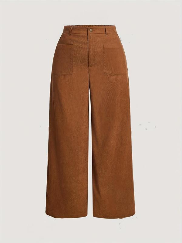 Plus Size Solid Color Pocket Button Fly Corduroy Pants, Casual Fashion Wide Leg Trousers for Daily Outdoor Wear, Comfy Pants,  Women Plus Clothing for Spring & Fall