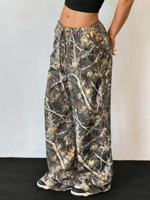 Women's Camo Print Drawstring Waist Wide Leg Pants, Casual Pocket Trousers for Fall & Winter, Women's Bottoms for Daily Wear