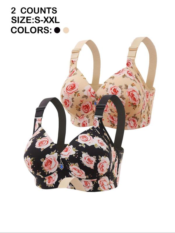 Women's Floral Print Push Up Bra, Adjustable Strap Rhinestone Decor Backless Bra, Soft Comfortable Breathable Lingerie for All Seasons