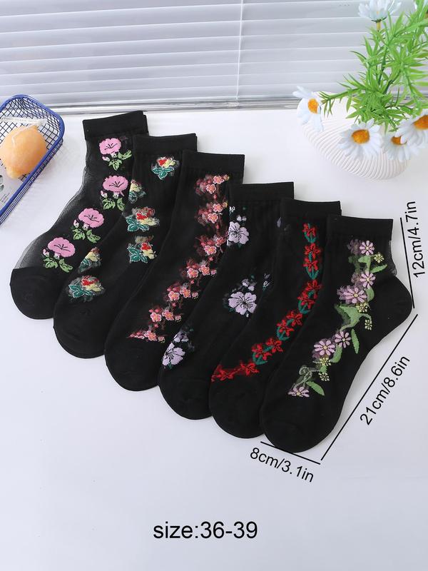 Women's Floral Embroidery Contrast Mesh Sheer Crew Socks, Casual Comfortable Breathable Socks for Daily Wear, Ladies Socks for All Seasons