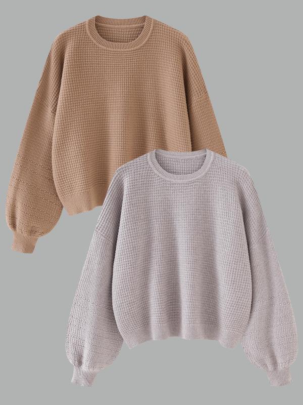 Women's Solid Drop Shoulder Sweater, Casual Long Sleeve Round Neck Jumper for Fall & Winter, Fashion Ladies' Knitwear for Daily Wear