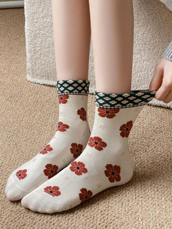 Women's Floral Print Crew Socks, Casual Comfy Breathable Socks for Fall & Winter, Women's Socks for Daily Wear