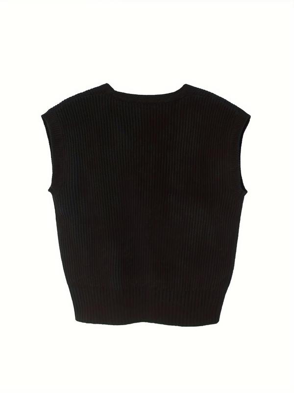 Women's Solid Button Front V Neck Sweater Vest, Casual Sleeveless Knitwear for Daily Wear, Ladies Clothes for All Seasons