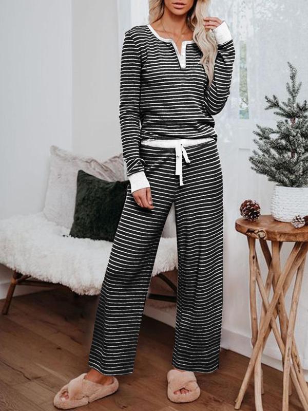 Women's Striped Print Button Tee & Tie Front Pants Loungewear Two-piece Set, Casual Comfy Round Neck Long Sleeve Top & Elastic Waist Trousers PJ Set, Women's Sleepwear for Spring & Fall