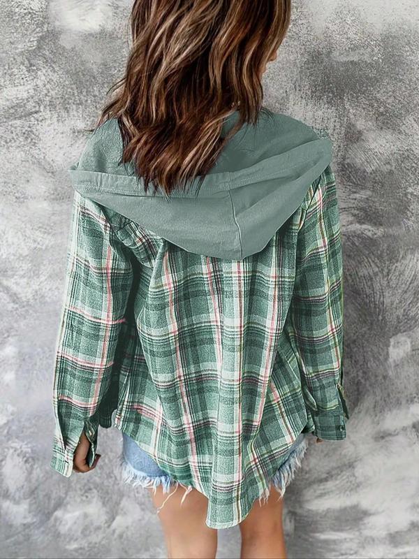 Women's Plaid Print Button Front Hooded Shirt, Casual Long Sleeve Pocket Top for Spring & Fall, Women's Clothes for Daily Wear