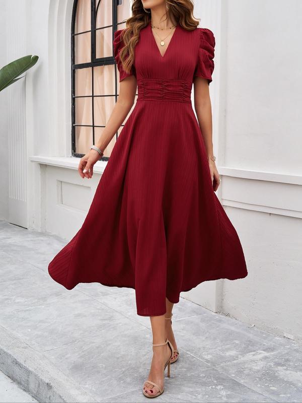 Vintage Women's Plain Ruched Puff Sleeve V Neck A Line Dress, Dresses for Women, Summer Dresses 2024, Elegant Short Sleeve Long Dress for Party Holiday Wedding Guest, Ladies Summer Clothes