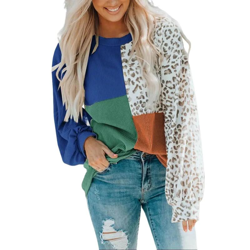 Womens Color Block Leopard Print Tops Long Sleeve Crew Neck Tunic Tops Ribbed Casual Loose Fall Tops